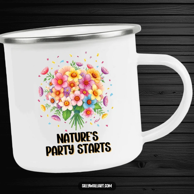 Funny camping mug: A joyful bouquet of flowers spreading confetti, perfect for celebrating outdoors.