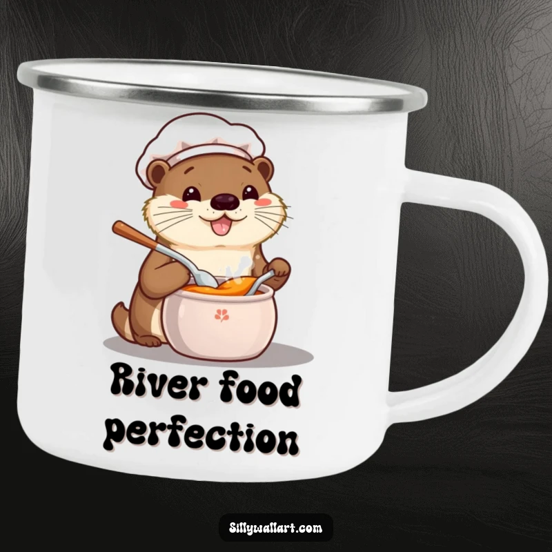 Funny camping mug featuring a happy kawaii otter chef tasting from a pot, perfect for outdoor beverages and culinary fun.