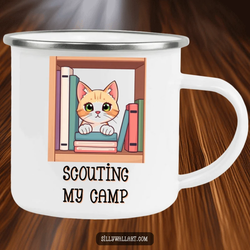 Funny camping mug featuring a curious cat peeking from behind books, its eyes full of wonder, perfect for literary outdoor enjoyment.