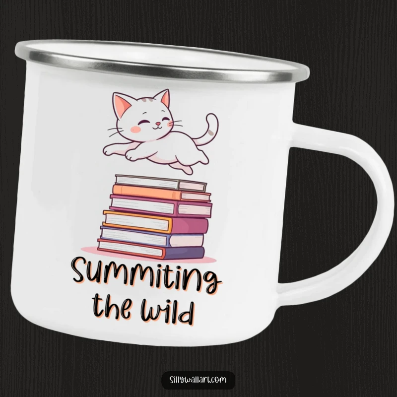 Funny camping mug featuring a sleek cat leaping gracefully over books, embodying adventure and a love for literary journeys.