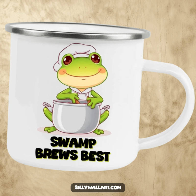 Funny camping mug featuring a joyful frog chef stirring a pot with a mischievous glint, perfect for outdoor beverages.