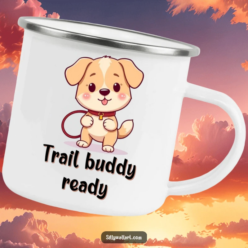 Funny dog with a wagging tail, holding a leash, ready for adventure, on a durable camping mug.