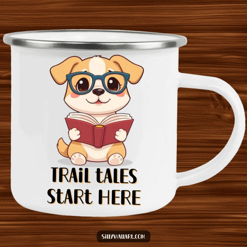 Funny camping mug showcasing a dog with reading glasses and a book, ideal for outdoor enthusiasts who love to read and appreciate humorous designs.