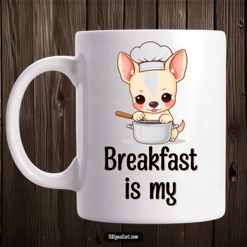 Funny mug with a chihuahua wearing a chef hat, playfully stirring a miniature pot. A culinary delight for dog lovers.