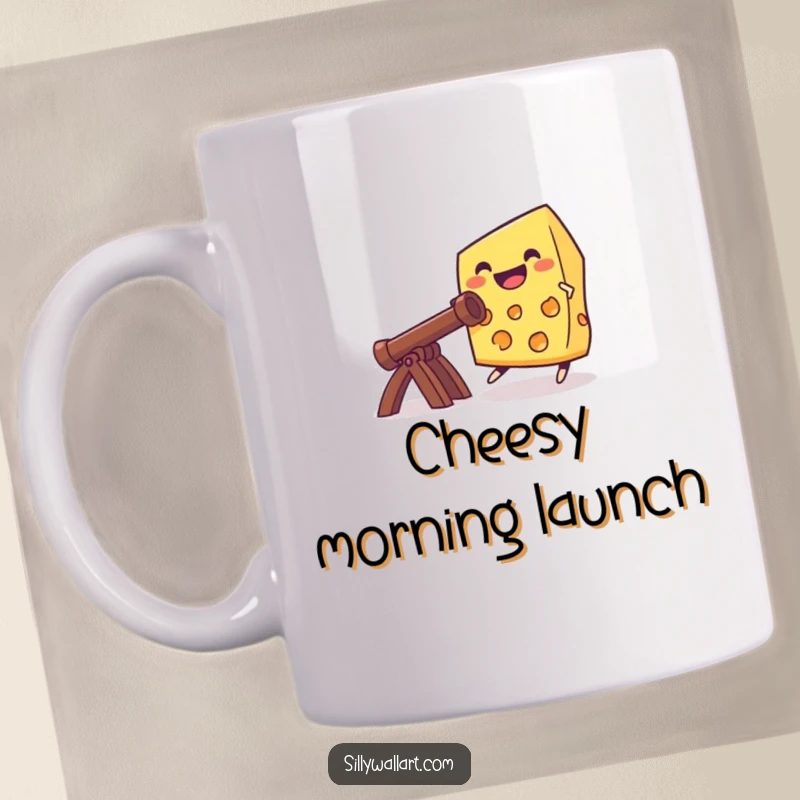 Funny grinning cheese wheel launching itself from a wooden catapult, depicting a bold and humorous dairy adventure on a mug.