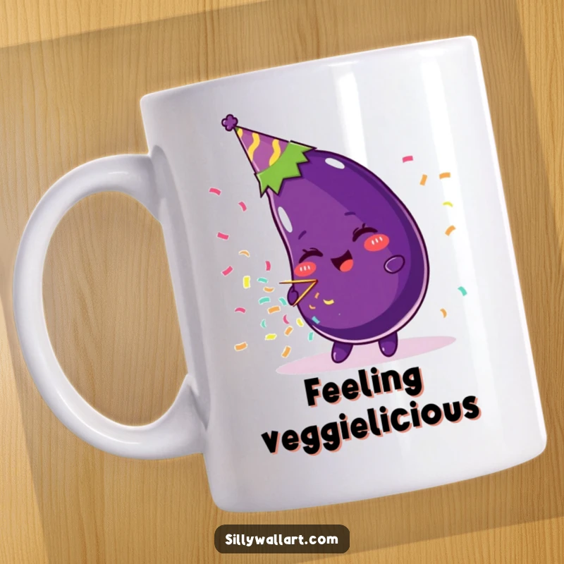 Funny mug featuring a beaming eggplant wearing a party hat and joyfully blowing a confetti popper, radiating pure celebration.