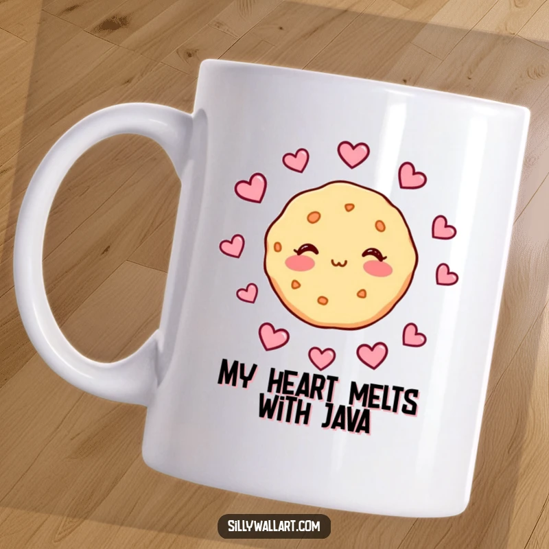 Funny mug featuring a shy, blushing cookie with cute hearts floating around it, representing sweet affection and adoration.