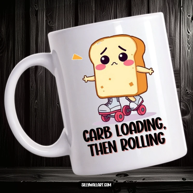 Funny loaf of bread character looking utterly confused while attempting to wear roller skates on a coffee mug.