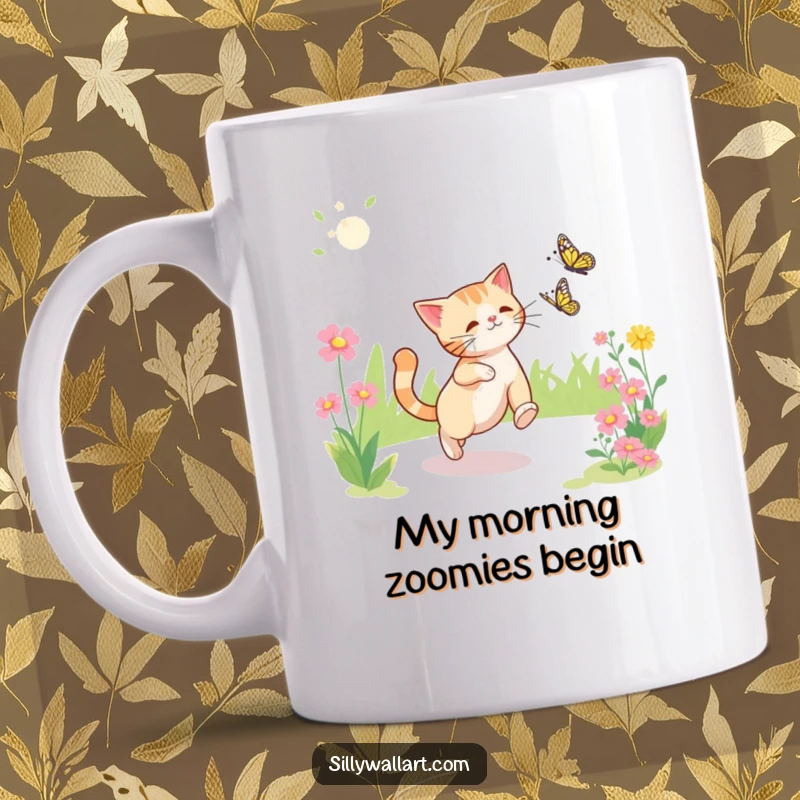 Funny cat mug depicting a playful feline leaping for a fluttering butterfly in a vibrant, sunny garden setting.