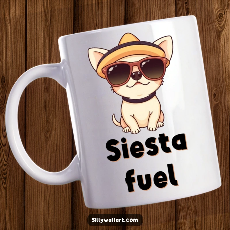 Funny mug with a cute chihuahua sporting oversized sunglasses and a tiny sombrero, radiating cool and festive vibes.