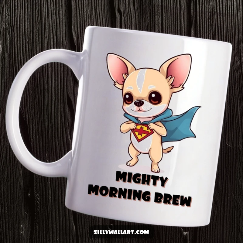 Funny mug featuring a chihuahua dressed as a superhero, cape flying, striking a dynamic pose. A heroic gift for dog fans.