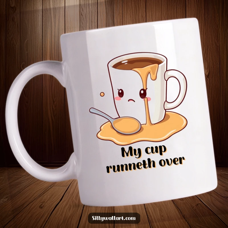 Funny cartoon oversized coffee mug comically overflowing with liquid onto a startled spoon, capturing morning chaos on a mug.