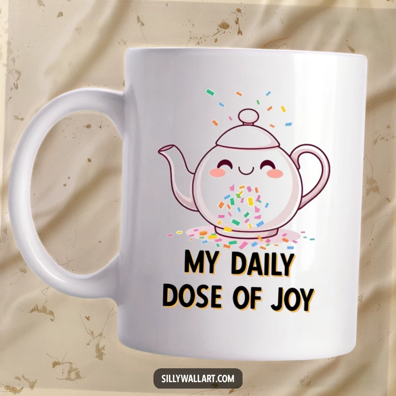 Funny mug featuring a cheerful teapot joyfully pouring a vibrant stream of colorful confetti, symbolizing fun and celebration.