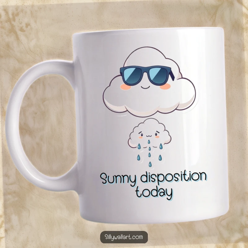 Funny cool cloud mug with a proud cloud in sunglasses floating above a tiny, worried rain cloud, bringing sunny vibes.