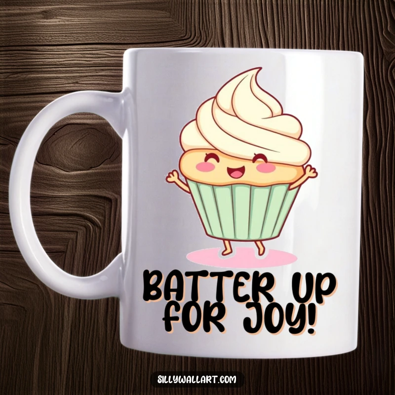 Funny mug: A smiling cupcake with frosting and sprinkles, joyfully dancing with its feet off the ground.