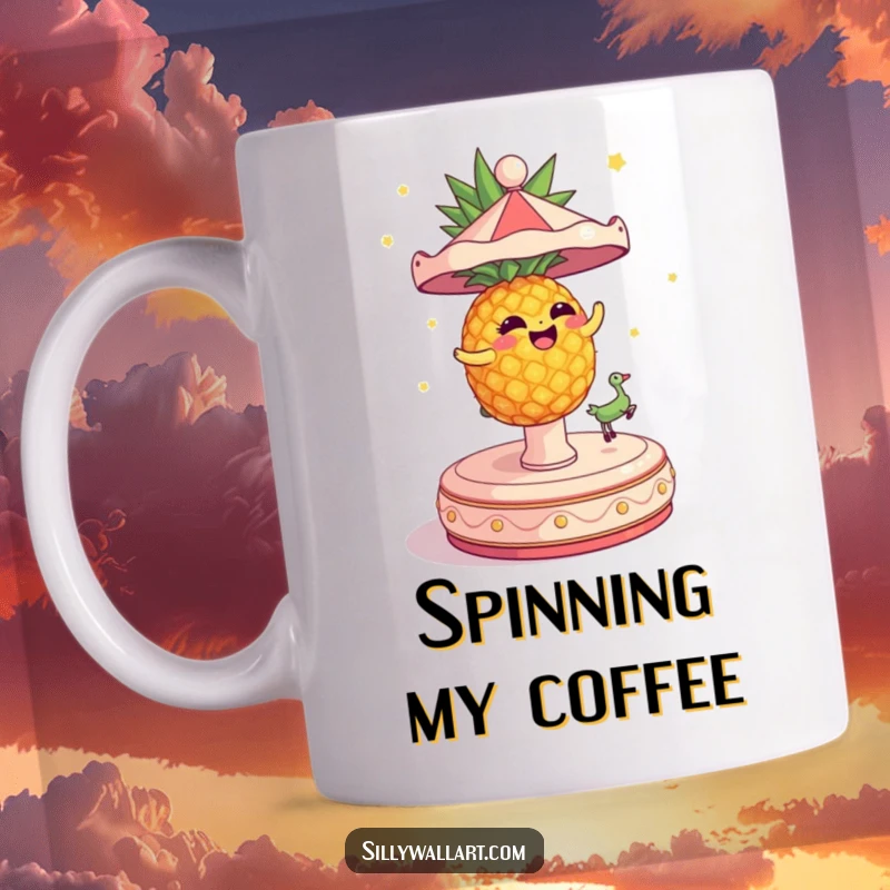 Funny Mug featuring a dizzy pineapple spinning wildly on a carousel, a humorous tropical gift.