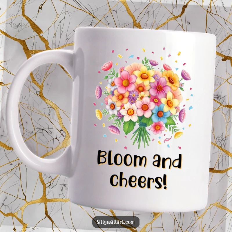 Funny mug: A colorful bouquet of flowers joyfully scattering confetti with smiling expressions.