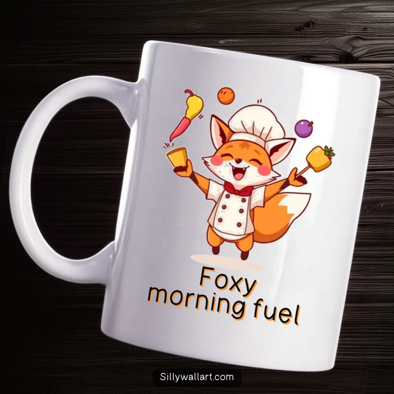 Funny Fox Chef Mug featuring an energetic fox chef juggling colorful ingredients mid-air with visible excitement.