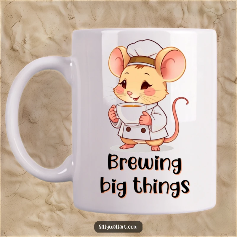 Funny little mouse chef, determined and proud, holding a tiny, steaming teacup with focus and a sense of accomplishment.