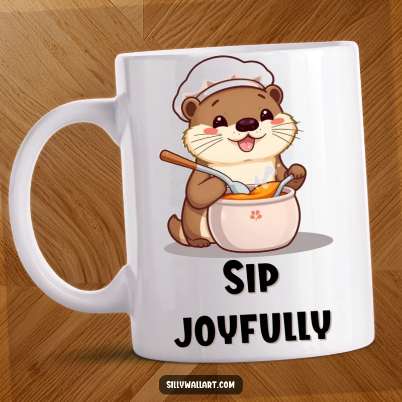 Funny kawaii otter chef enthusiastically tasting from a bubbling pot with a spoon, expressing pure culinary delight and joy.