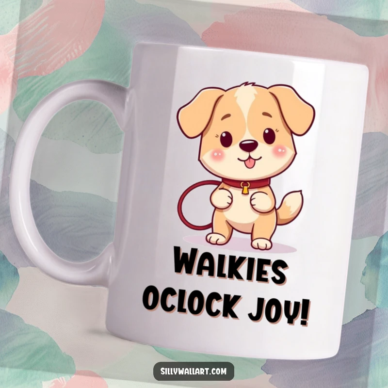 Funny dog character holding a leash, tail wagging excitedly, ready for a walk, on a ceramic mug.