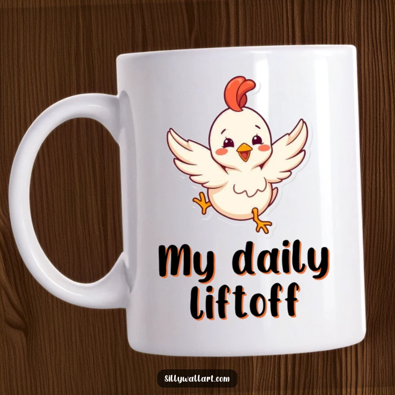 Funny mug showing a delighted rubber chicken with comically tiny wings attempting to fly, pure poultry pandemonium.