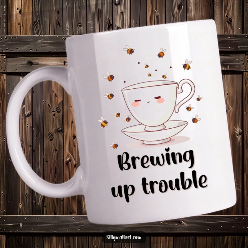 Funny teacup character looking flustered while juggling a chaotic swarm of tiny bees on a coffee mug.