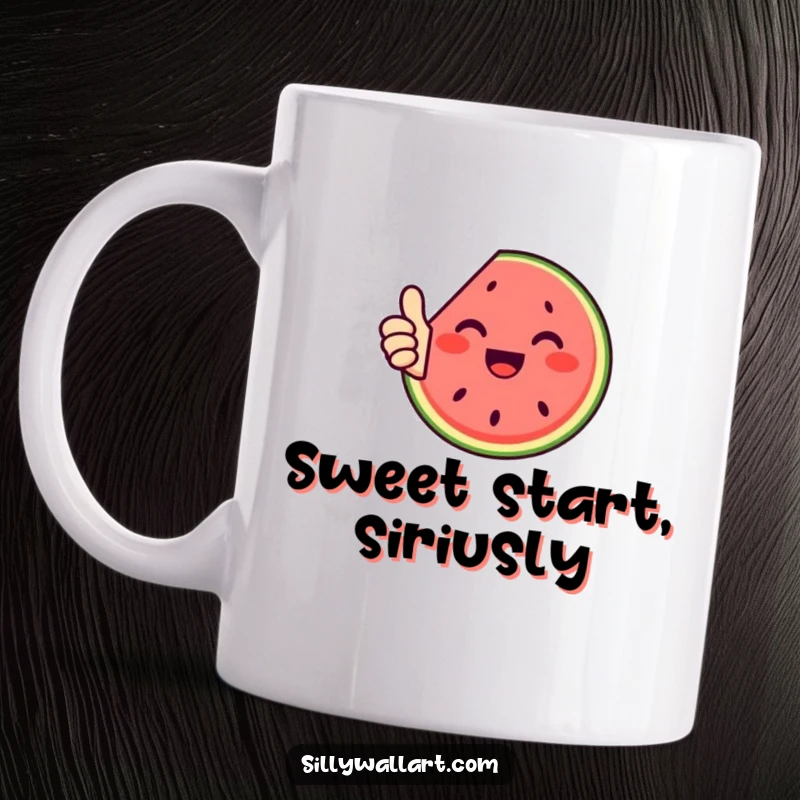 Funny mug: A happy slice of watermelon with seeds, giving a big thumbs up with a joyful expression.