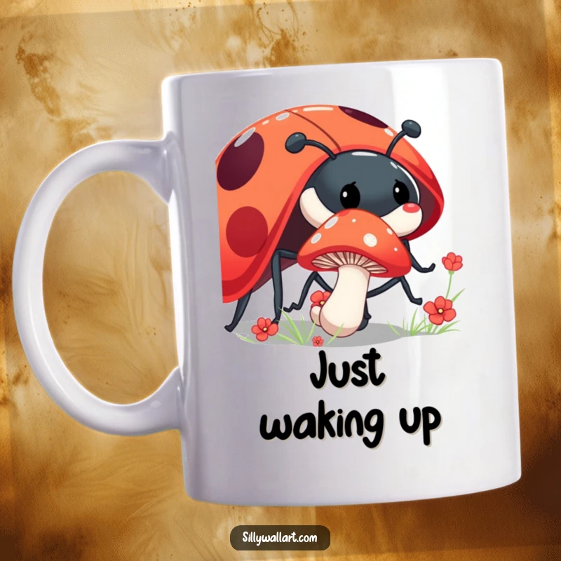 Funny shy mushroom mug with a tiny mushroom peeking from behind a giant, laughing ladybug, evoking woodland charm.