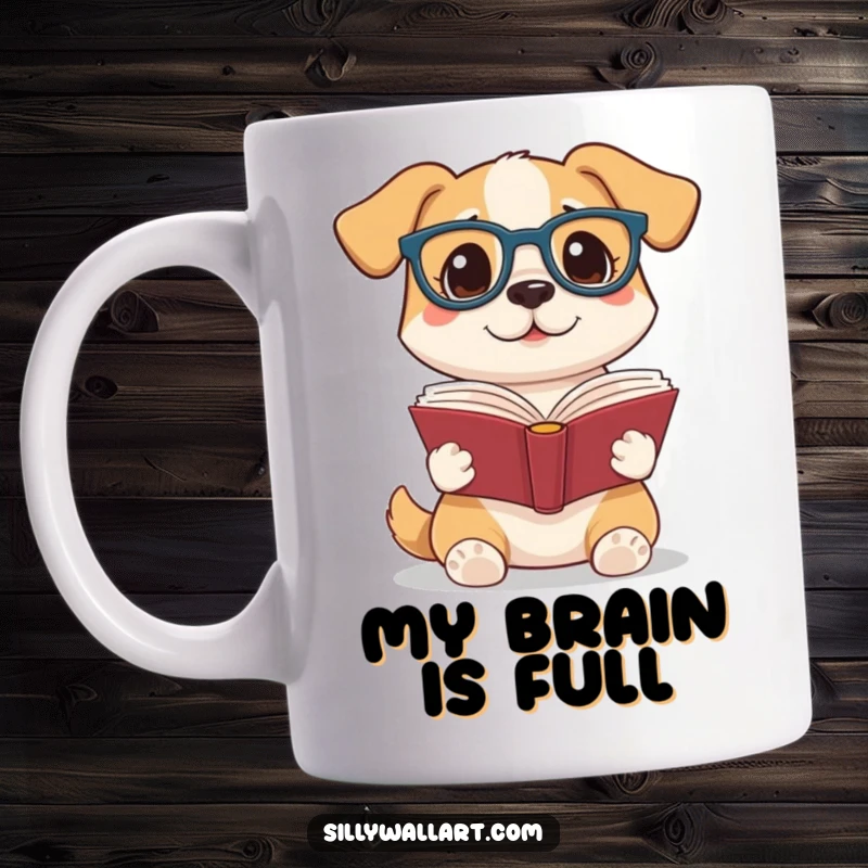 Funny mug featuring a smart dog wearing reading glasses, proudly holding an open book aloft, embodying a love for literature and intellectual pursuits.