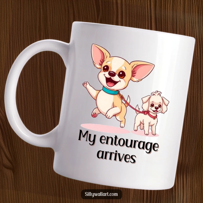 Funny mug showing an excited chihuahua parading with a tiny poodle on a leash, celebrating the joy of dog companionship.