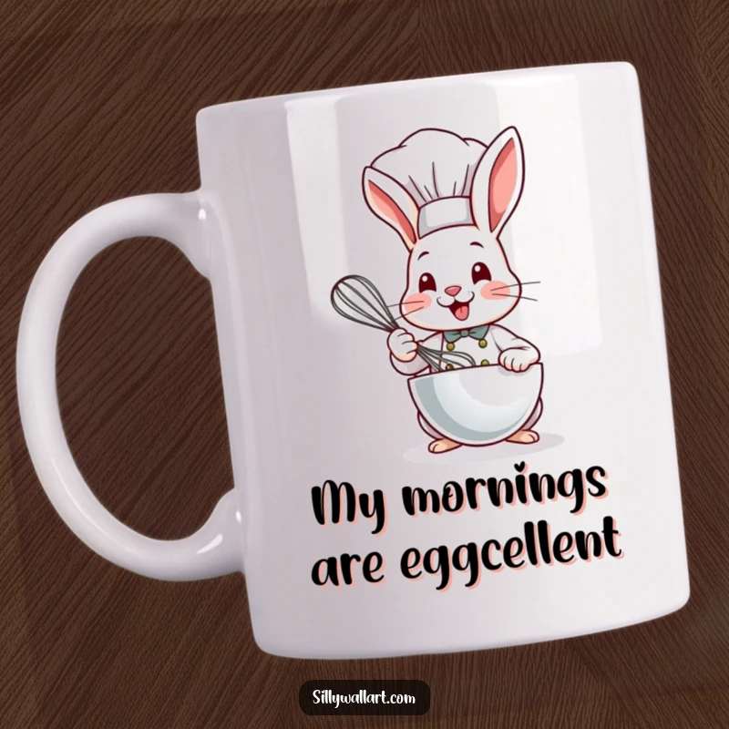 Funny Bunny Chef Mug with a cute bunny in a tall hat vigorously whisking a bowl with a huge smile.