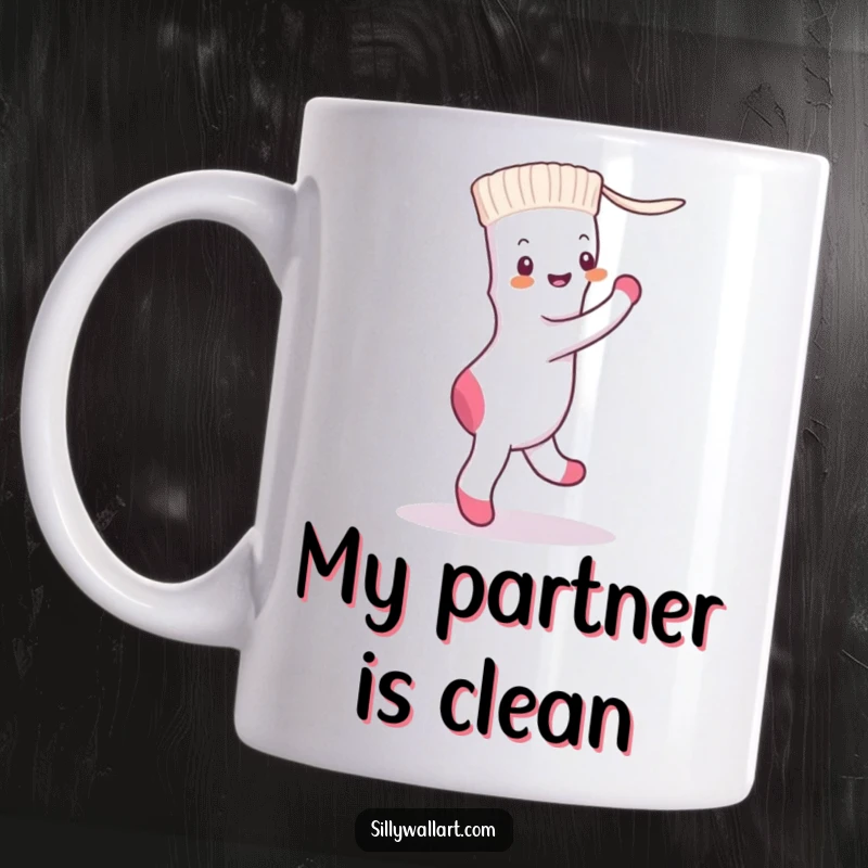 Funny lone sock enthusiastically dancing a tango with a dryer sheet on a coffee mug, depicting laundry day romance.