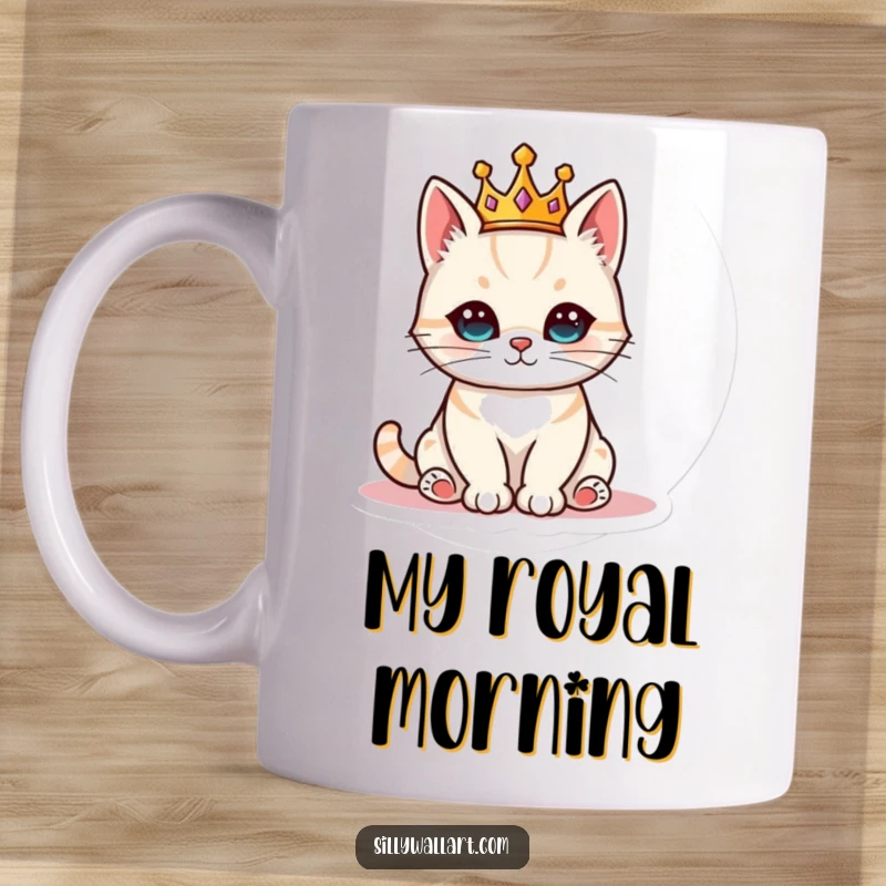 Funny cat wearing a tiny crown, sitting regally on a mug, celebrating feline majesty and humor.