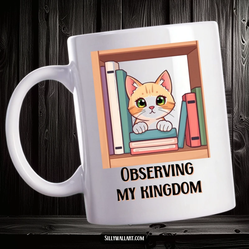 Funny mug showing a curious cat peeking out from behind a stack of colorful books on a bookshelf, with wide, inquisitive eyes.