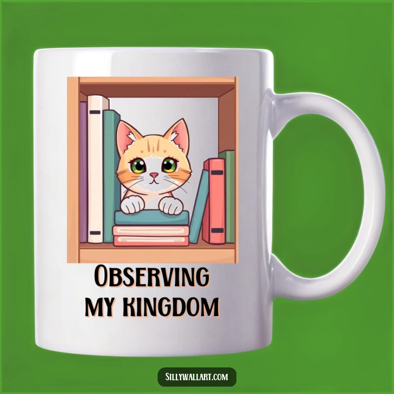 Funny Curious Cat Bookshelf Mug - Book Lover Gift for Readers