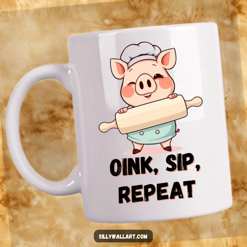Funny Pig Chef Mug featuring a cheerful pig chef holding a gigantic rolling pin and winking at the viewer.