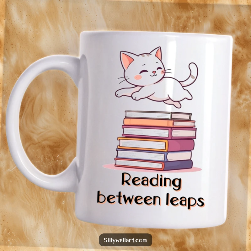 Funny mug showing a sleek cat leaping gracefully over a stack of books, demonstrating incredible agility and balance.