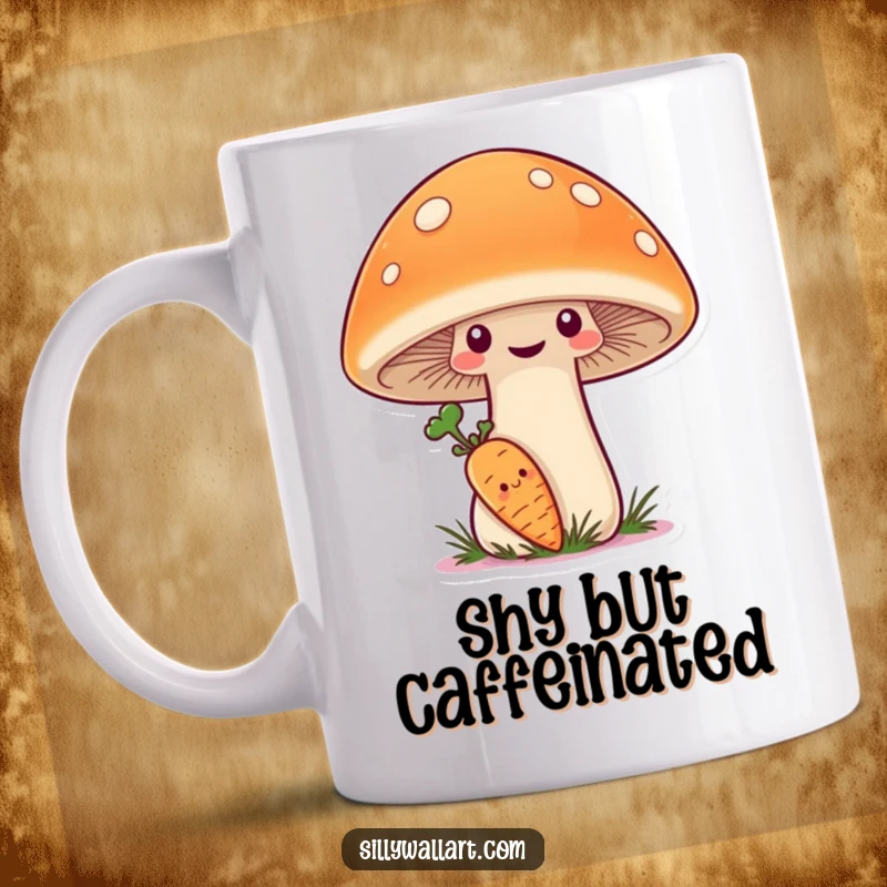 Funny Mug depicting a shy carrot hiding behind a giant, smiling mushroom, a sweet garden gift.