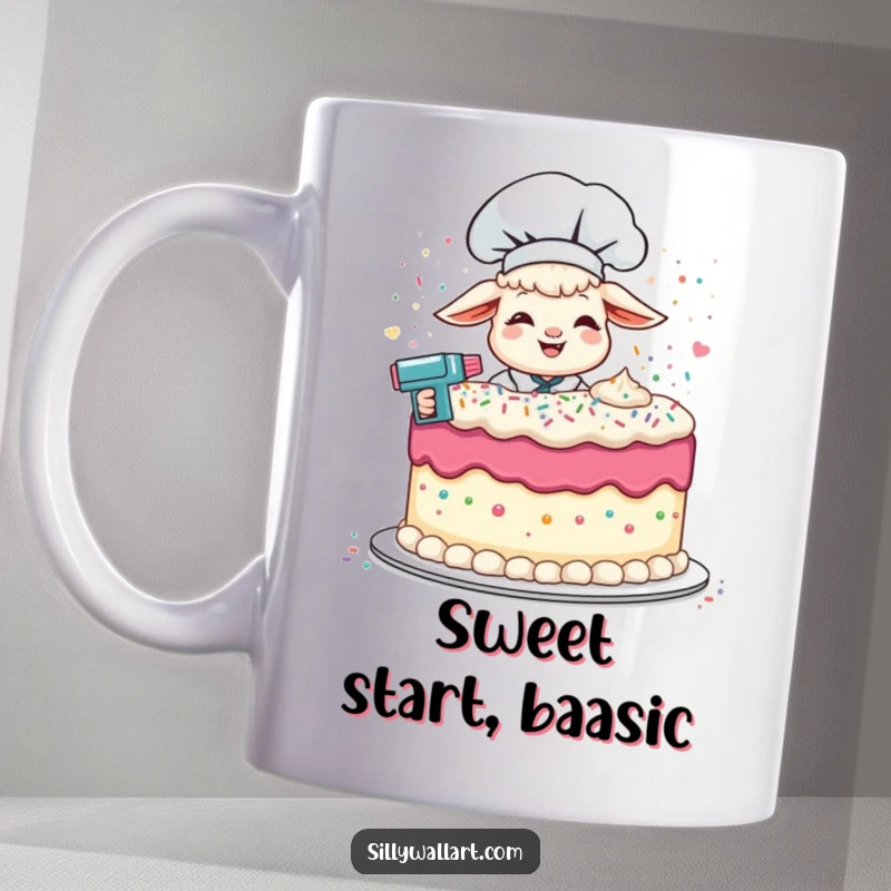 Funny giggling lamb chef playfully frosting a giant cake with a sprinkle gun, creating a festive and humorous scene.