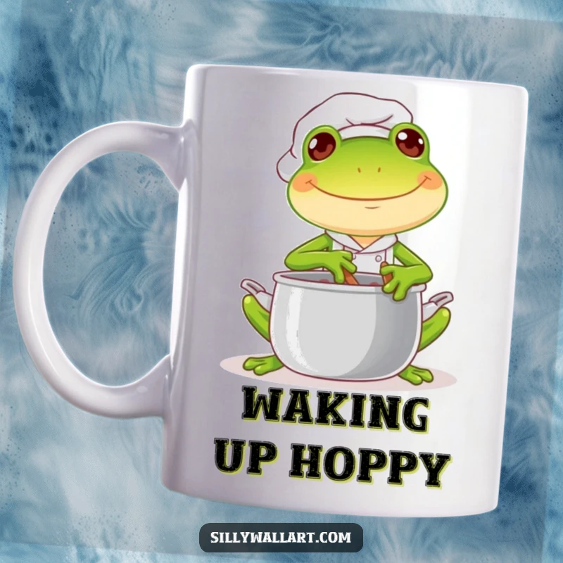 Funny joyful frog chef cheerfully stirring a pot with a spoon, a mischievous glint in its eye, full of culinary fun.