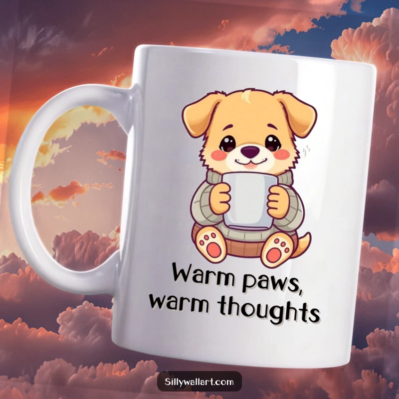 Funny dog wearing a knitted sweater, holding a steaming mug with a content expression on a ceramic mug.
