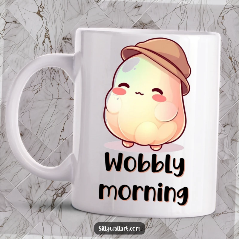 Funny jelly blob mug showing a jiggly character uncontrollably wobbling while trying to wear a tiny hat, perfect for humorous fun.