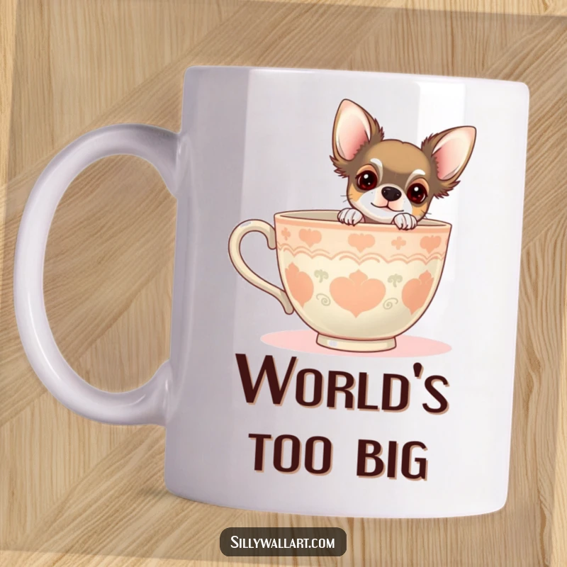 Funny mug with a curious chihuahua peeking out from behind a giant teacup. Adorable and humorous for dog and tea lovers.