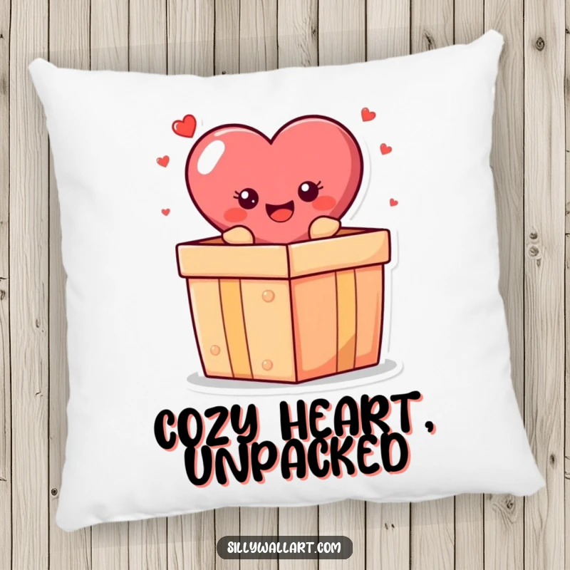 Funny pillow: A cheerful heart character popping out of a gift box, offering comfort and a heartwarming surprise.