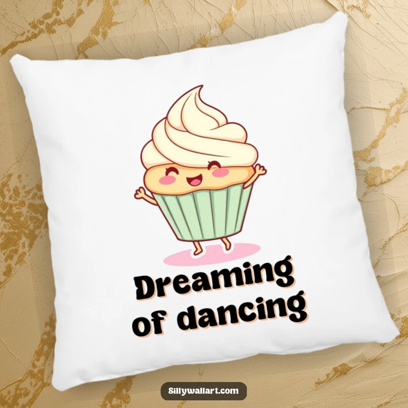 Funny pillow: A happy cupcake dancing, offering comfort and a sweet dose of humor.