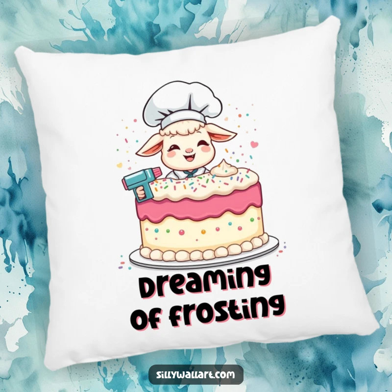 Funny pillow featuring a giggling lamb chef frosting a cake with a sprinkle gun, offering comfort and baking cheer.