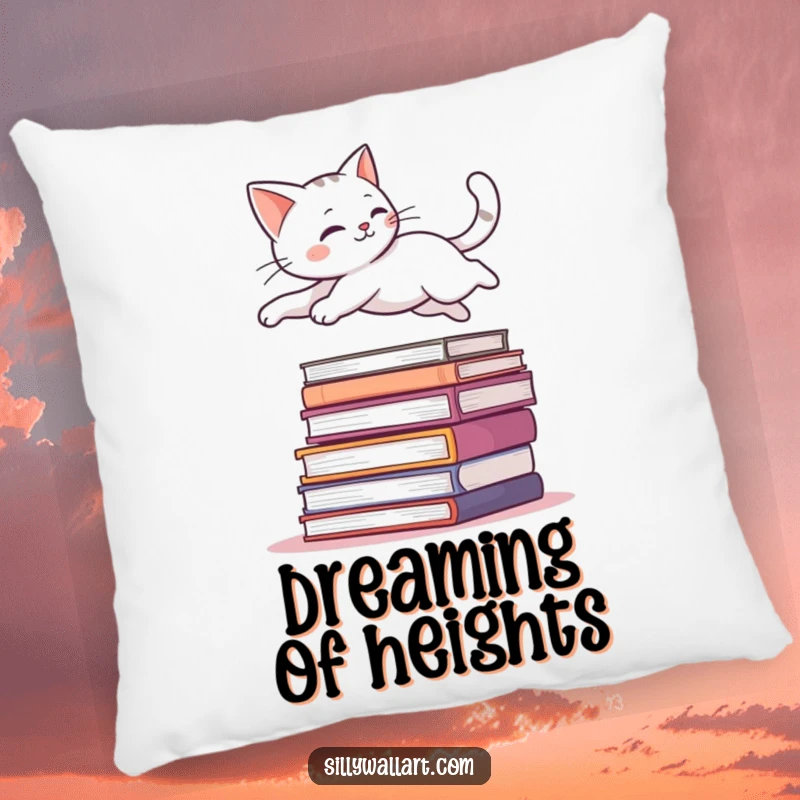 Funny pillow showcasing a sleek cat mid-leap, gracefully soaring over a stack of books, adding a touch of elegant movement.