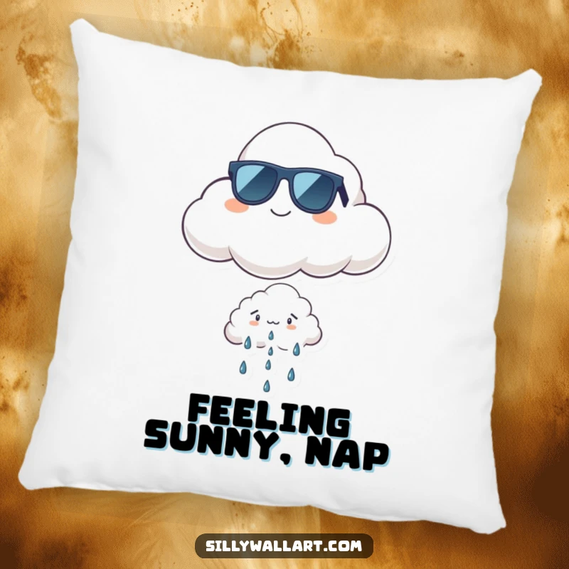 Funny cool cloud pillow with a proud cloud in sunglasses floating above a tiny, worried rain cloud, soft and humorous.