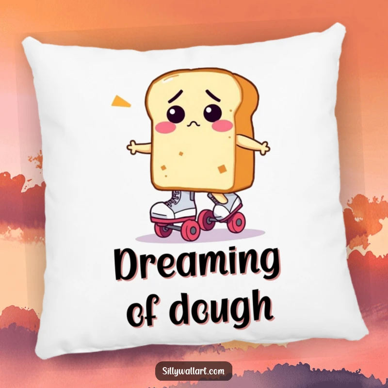 Funny loaf of bread character, looking confused on roller skates, featured on a soft pillow for humorous home decor.